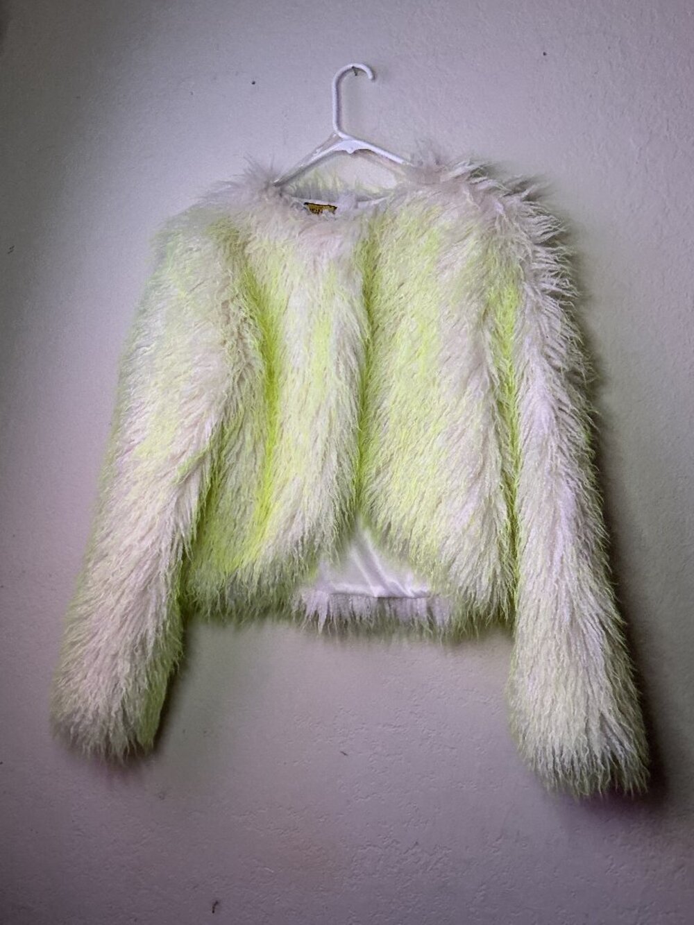 Faux Fur Shaggy Cropped Jacket - Medium Neon Yellow and White Festival Rave